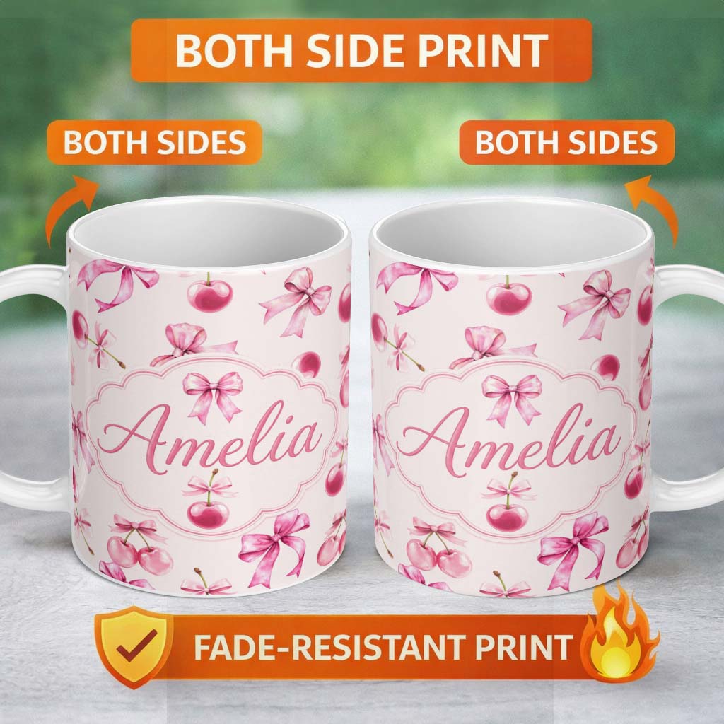 Personalized Custom Name Watercolor Pink Cherry Ribbon Bow Seamless Pattern Blush Neutral 11oz Ceramic Coffee Tea Mug White Large Handle