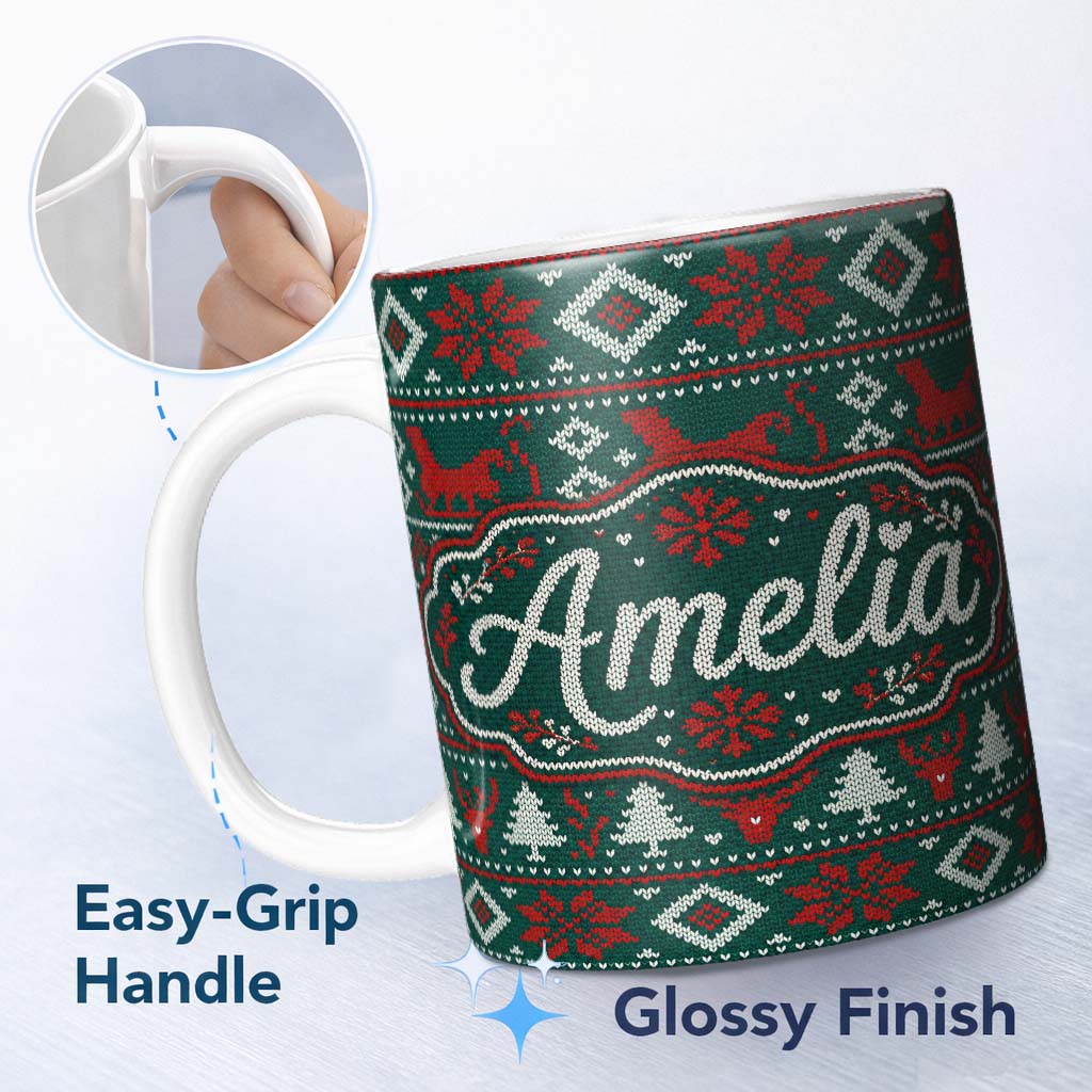 Personalized Custom Name Cute Green Red Nordic Animal Winter Festive Knitted Seamless Pattern 11oz Ceramic Coffee Tea Mug White Large Handle