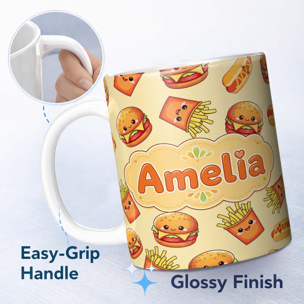 Personalized Custom Name Cute Kawaii Burger Fries Hotdog Fast Food Yellow Background 11oz Ceramic Coffee Tea Mug White Large Handle
