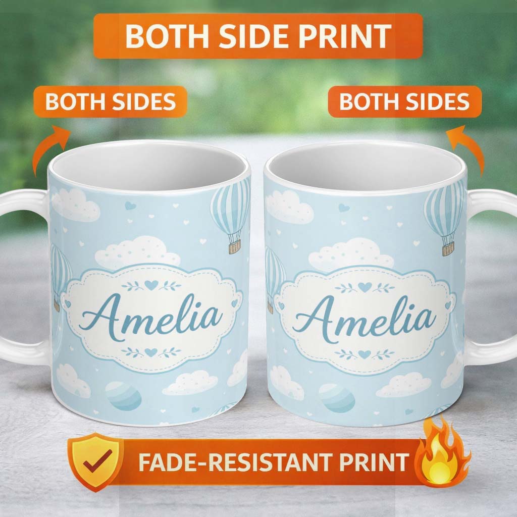 Personalized Custom Name Cute Hot Air Balloons with Clouds Pastel Sky Background Seamless 11oz Ceramic Coffee Tea Mug White Large Handle