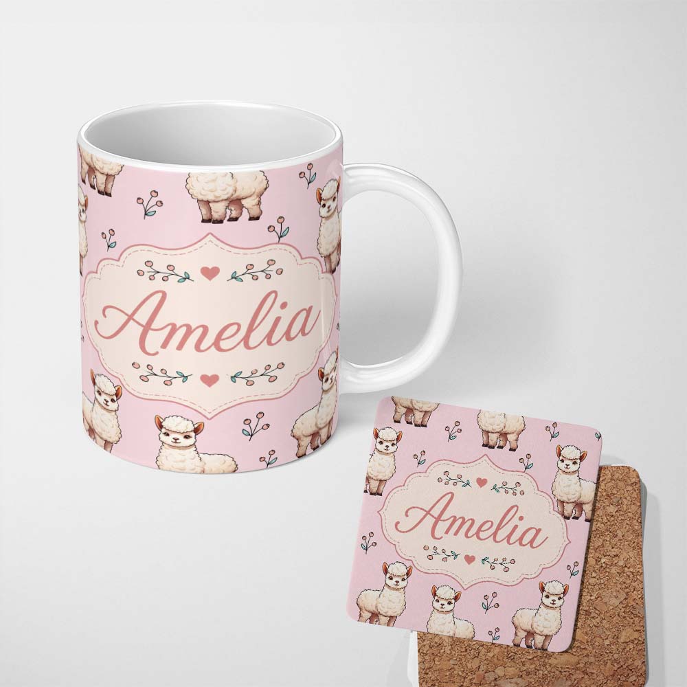 Personalized Custom Name Cute Alpaca Llama Pattern with Floral Sprigs on Soft Pink Background 11oz Ceramic Coffee Tea Mug White Large Handle