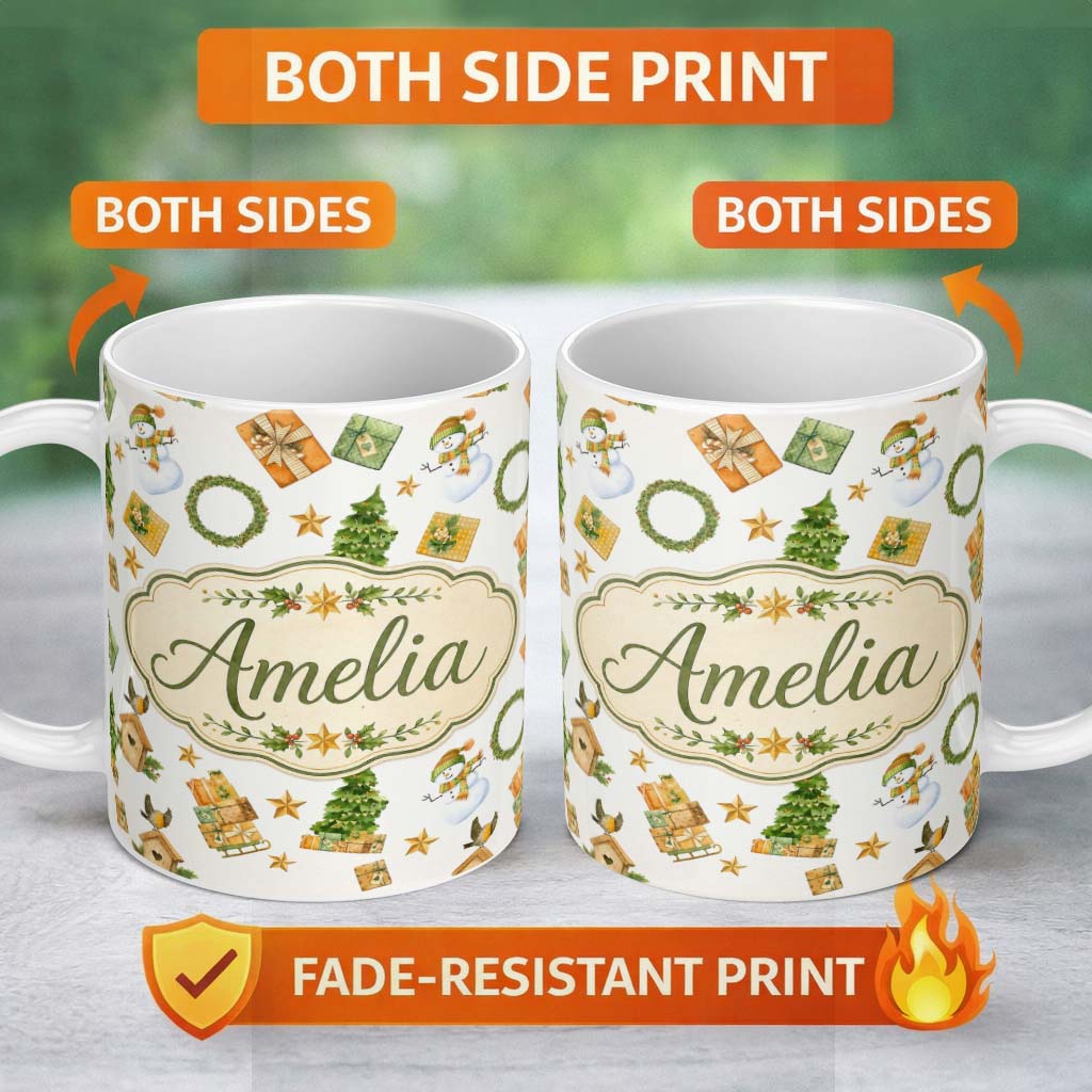 Personalized Custom Name Cute Snowman Gifts Christmas Tree Wreath Robin Seamless Pattern 11oz Ceramic Coffee Tea Mug White Large Handle