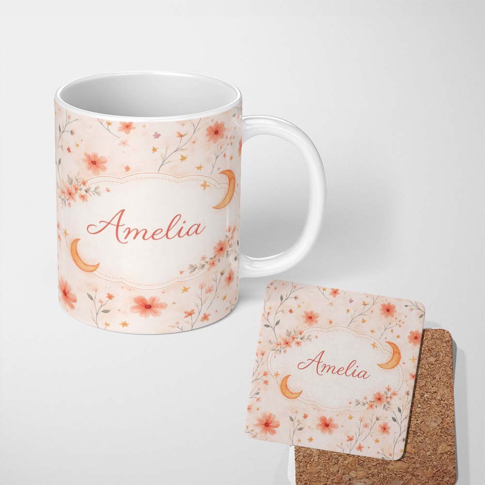 Personalized Custom Name Celestial Moon Floral Night Sky Pattern Seamless Watercolour Design 11oz Ceramic Coffee Tea Mug White Large Handle