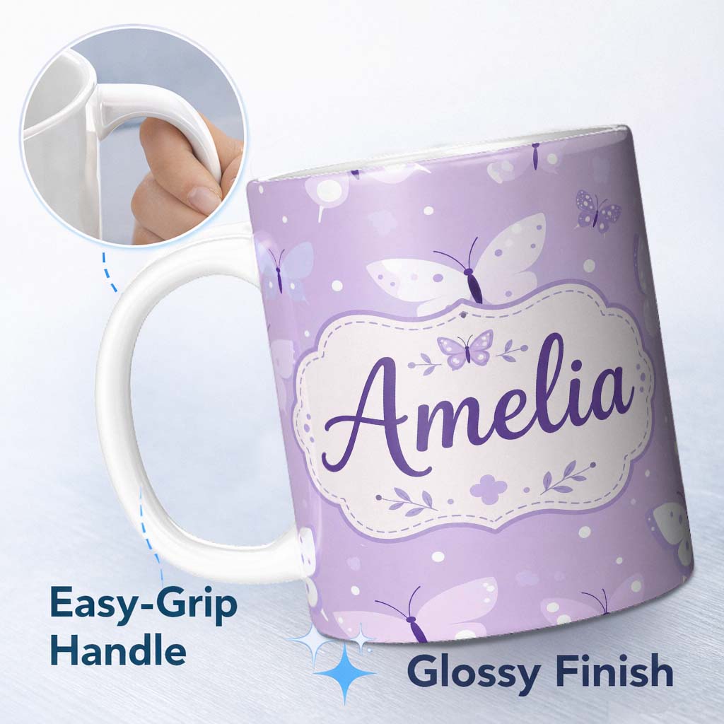 Personalized Custom Name Cute Purple Butterflies with Soft Abstract Background Seamless 11oz Ceramic Coffee Tea Mug White Large Handle