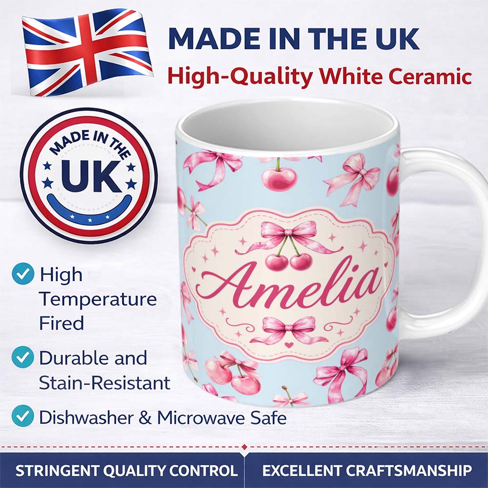 Personalized Custom Name Watercolor Cherry Bow Ribbon Pastel Blue Background Seamless Pattern 11oz Ceramic Coffee Tea Mug White Large Handle