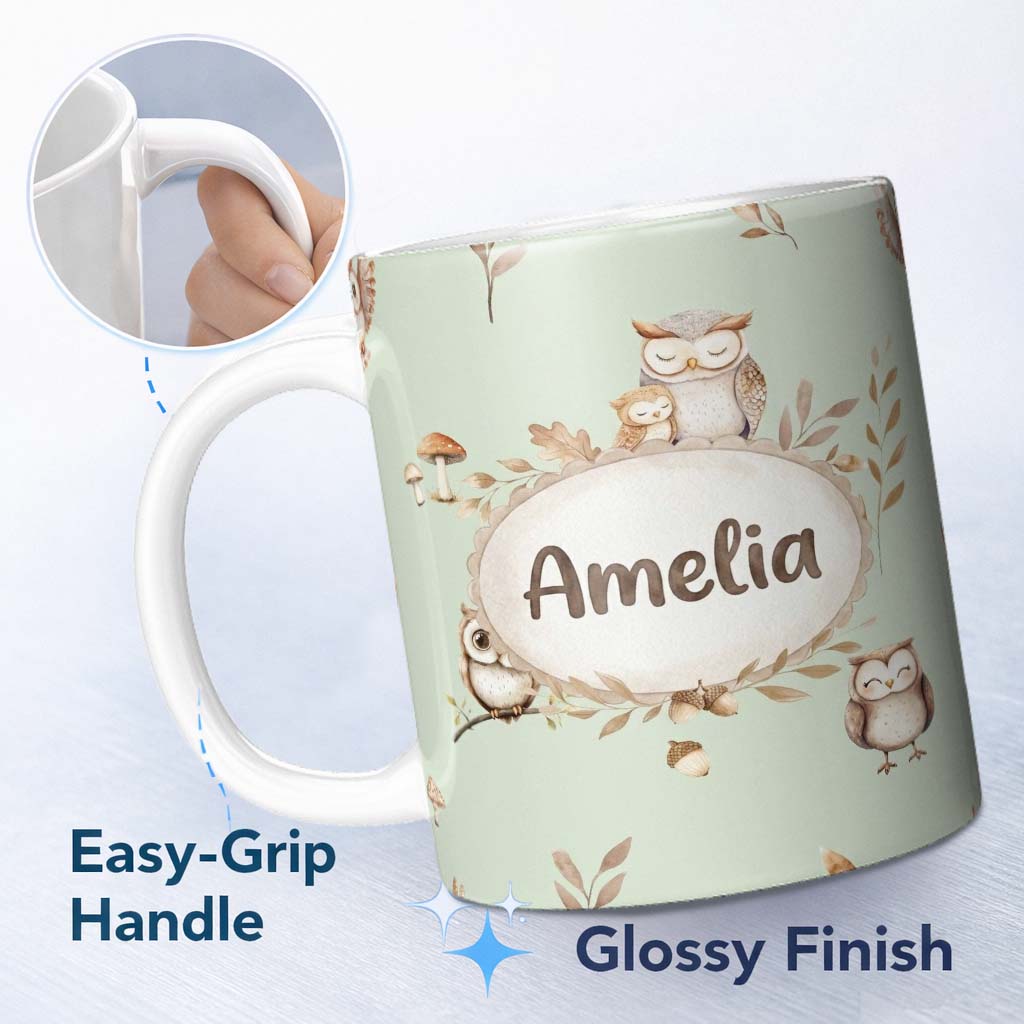 Personalized Custom Name Woodland Owls with Mushrooms Leaves Soft Sage Green Seamless 11oz Ceramic Coffee Tea Mug White Large Handle