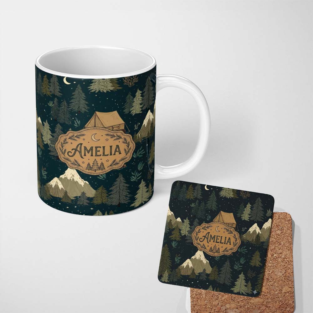 Personalized Custom Name Night Forest Camping Tent Scenic Seamless Pattern Cute Unique Gift 11oz Ceramic Coffee Tea Mug White Large Handle