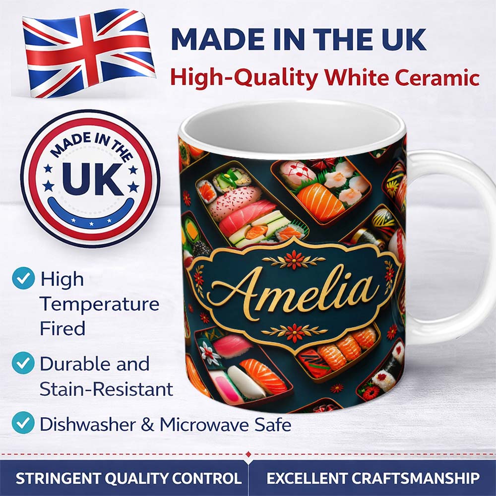 Personalized Custom Name Assorted Sushi Bento Boxes with Fresh Ingredients Pattern Japanese 11oz Ceramic Coffee Tea Mug White Large Handle