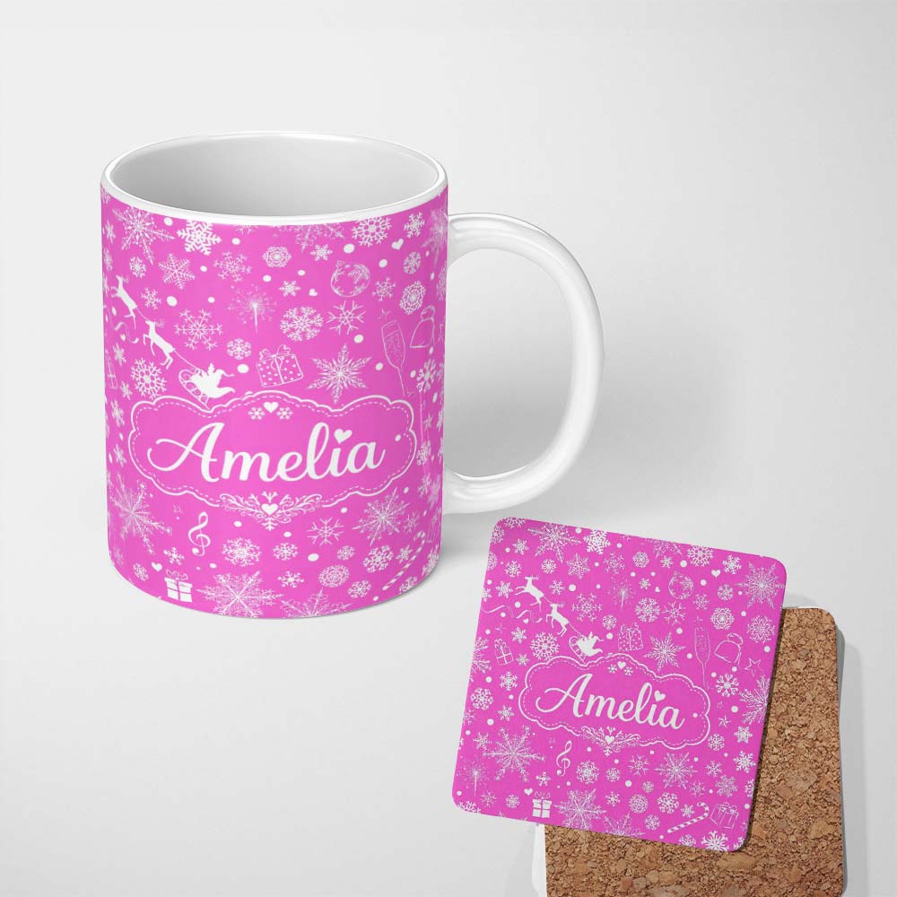 Personalized Custom Name Festive Pink Christmas Snowflakes Reindeer Seamless Pattern Lovely 11oz Ceramic Coffee Tea Mug White Large Handle