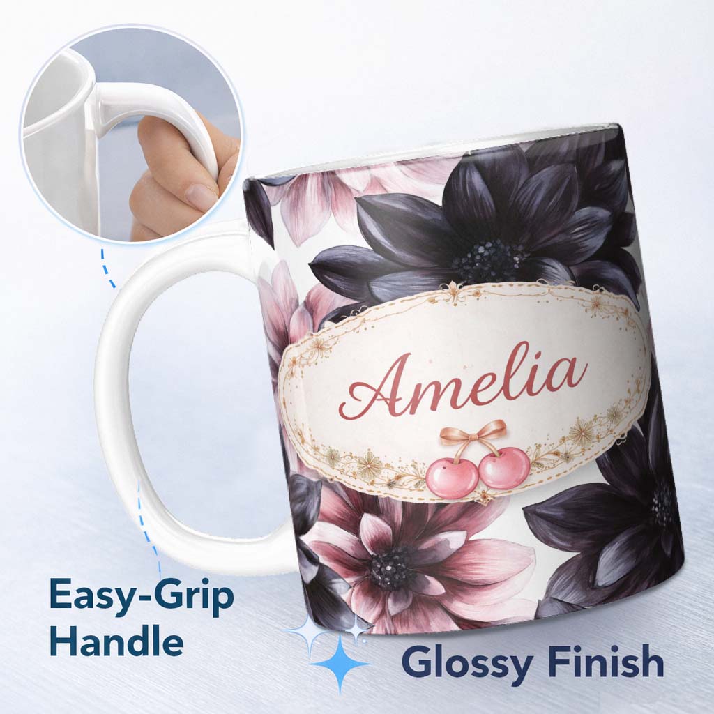 Personalized Custom Name Dark Gothic Floral Dahlia Black Pink Elegant Flower Pattern Lovely 11oz Ceramic Coffee Tea Mug White Large Handle