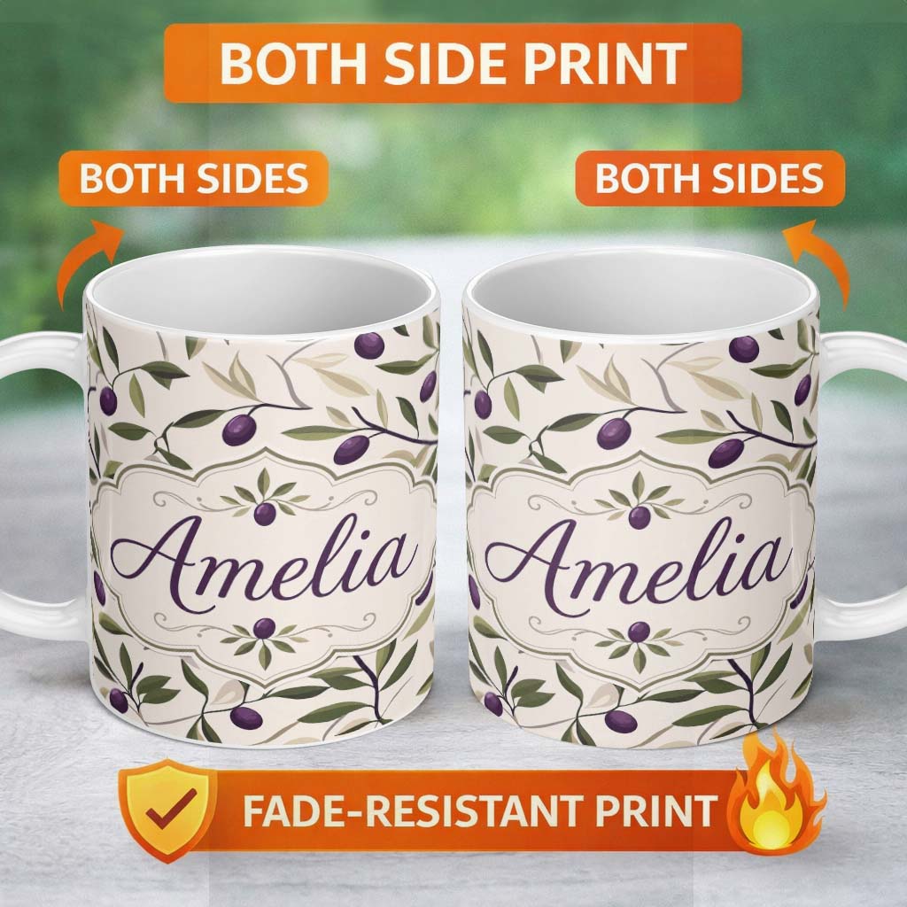 Personalized Custom Name Olive Branch Purple Fruit Botanical Minimal Seamless Pattern Lovely 11oz Ceramic Coffee Tea Mug White Large Handle