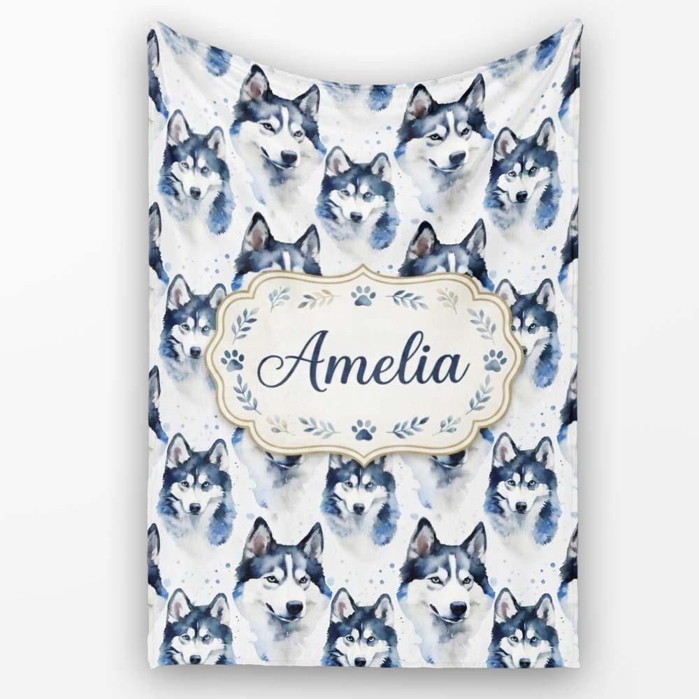 Watercolor Husky Dog Faces Seamless Pattern Soft Blue Splash Personalised Custom Name Super Soft Fleece Blanket Bed Sofa Throw