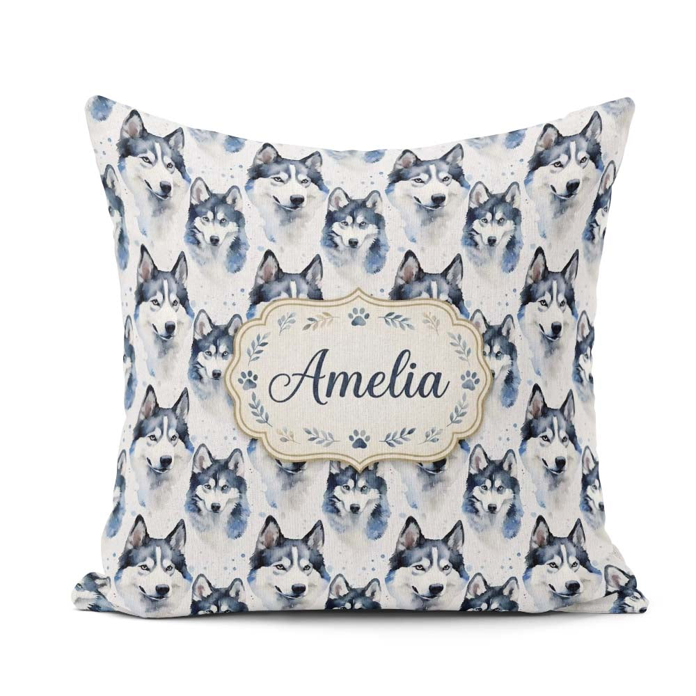 Custom Name Watercolor Husky Dog Faces Seamless Soft Blue Splash Square Filled Cushion Throw Pillow Sofa Bed Home Decor Zip Washable UK Made