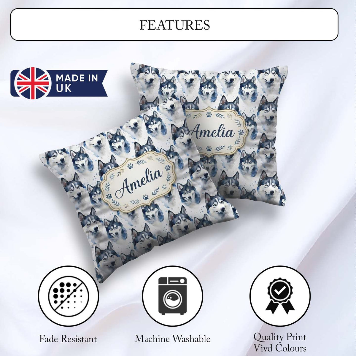 Custom Name Watercolor Husky Dog Faces Seamless Soft Blue Splash Square Filled Cushion Throw Pillow Sofa Bed Home Decor Zip Washable UK Made