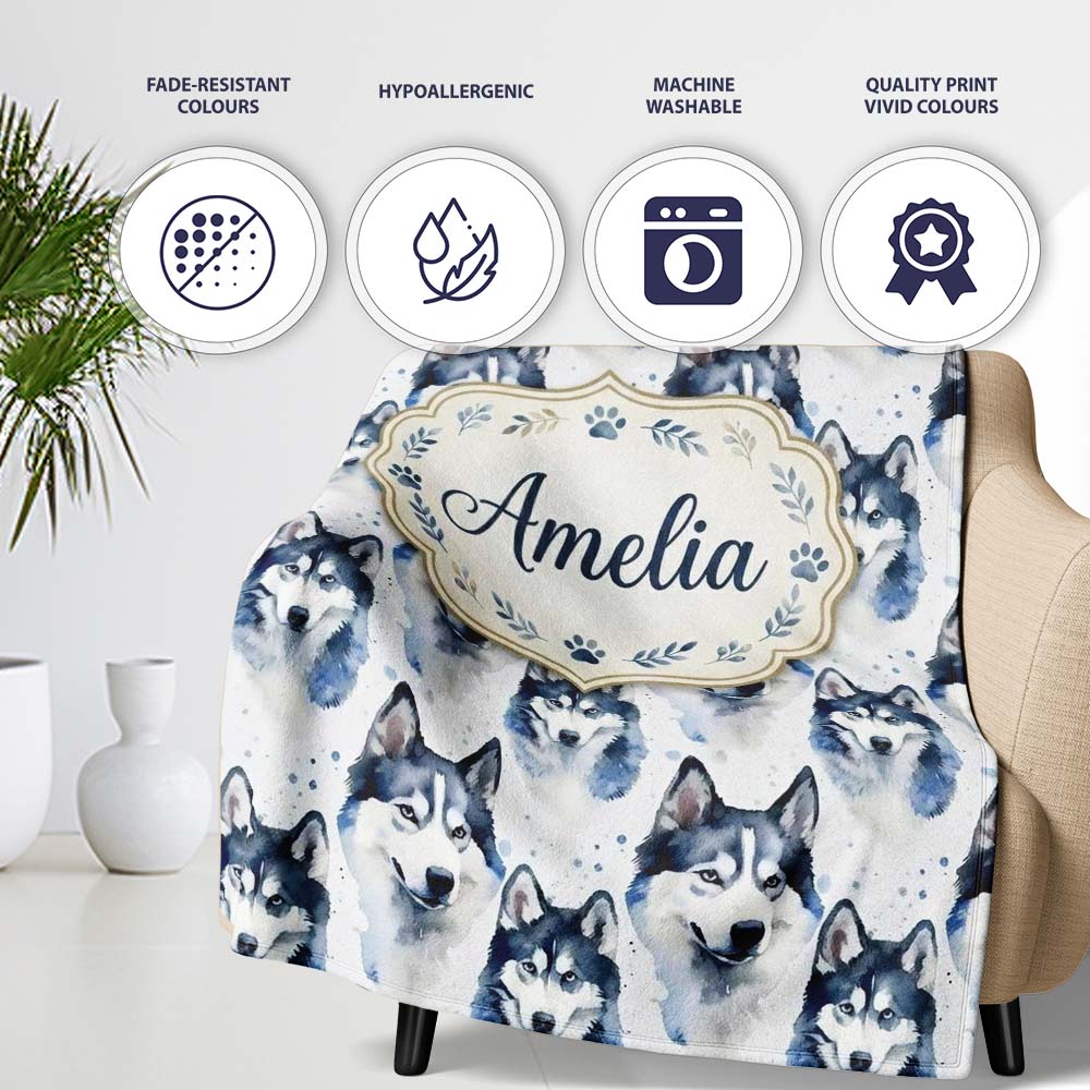 Watercolor Husky Dog Faces Seamless Pattern Soft Blue Splash Personalised Custom Name Super Soft Fleece Blanket Bed Sofa Throw