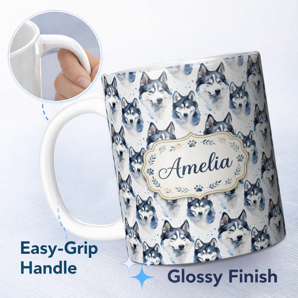 Personalized Custom Name Watercolor Husky Dog Faces Seamless Pattern Soft Blue Splash 11oz Ceramic Coffee Tea Mug White Large Handle
