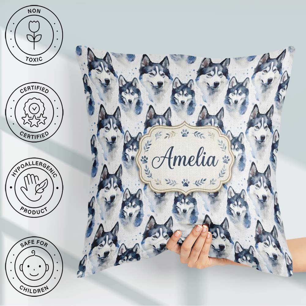Custom Name Watercolor Husky Dog Faces Seamless Soft Blue Splash Square Filled Cushion Throw Pillow Sofa Bed Home Decor Zip Washable UK Made