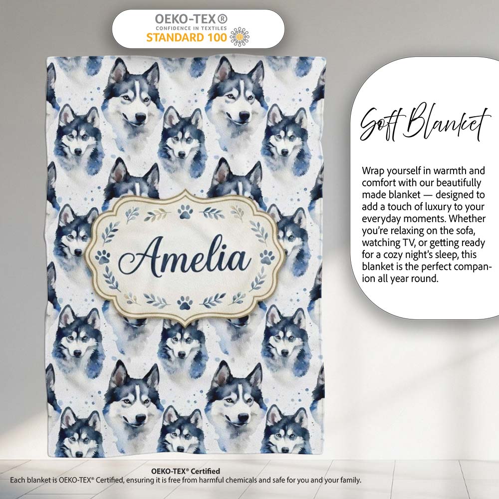 Watercolor Husky Dog Faces Seamless Pattern Soft Blue Splash Personalised Custom Name Super Soft Fleece Blanket Bed Sofa Throw