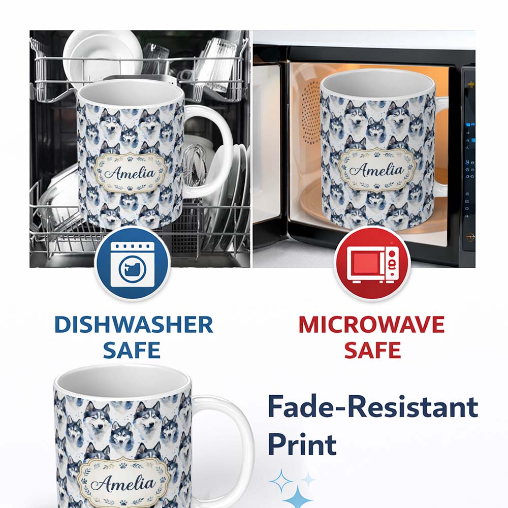 Personalized Custom Name Watercolor Husky Dog Faces Seamless Pattern Soft Blue Splash 11oz Ceramic Coffee Tea Mug White Large Handle