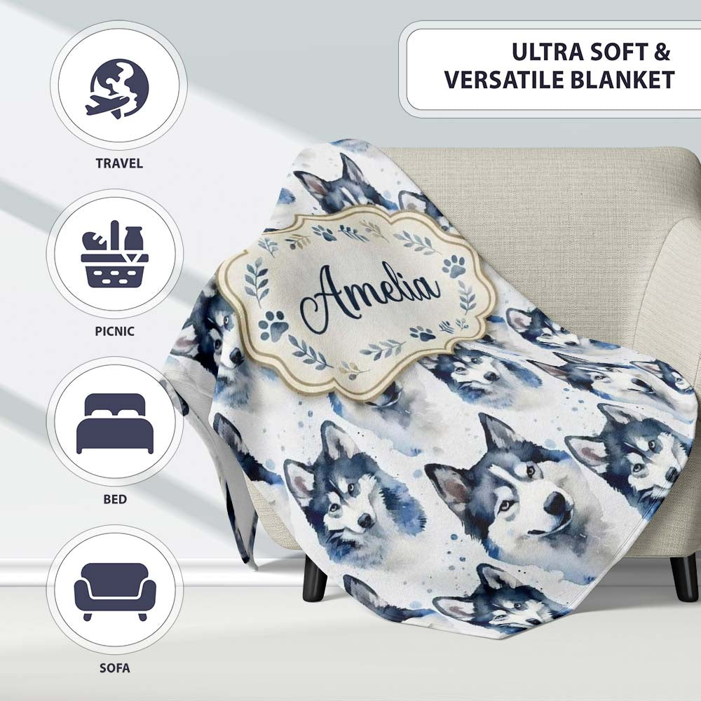 Watercolor Husky Dog Faces Seamless Pattern Soft Blue Splash Personalised Custom Name Super Soft Fleece Blanket Bed Sofa Throw
