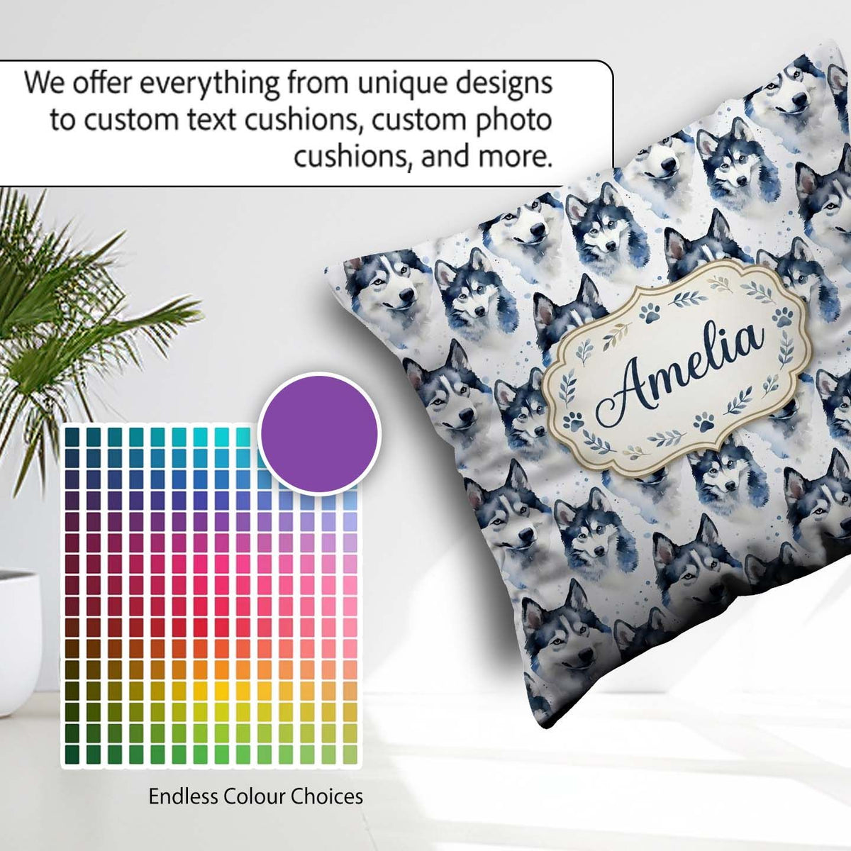 Custom Name Watercolor Husky Dog Faces Seamless Soft Blue Splash Square Filled Cushion Throw Pillow Sofa Bed Home Decor Zip Washable UK Made