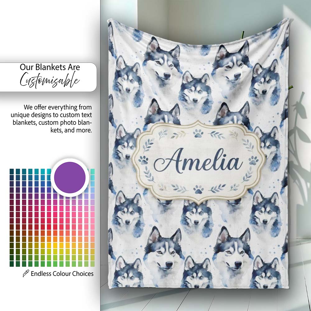 Watercolor Husky Dog Faces Seamless Pattern Soft Blue Splash Personalised Custom Name Super Soft Fleece Blanket Bed Sofa Throw