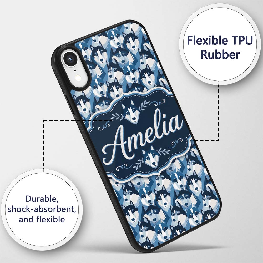 Modern Geometric Husky Dog Heads Seamless Pattern Custom Name Protective Phone Case Mobile Cover Durable Everyday Smartphone Shock Resistant