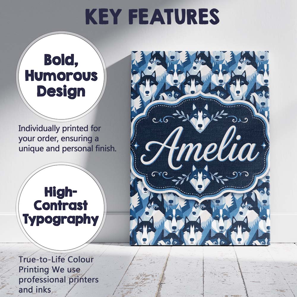 Personalised Name Modern Geometric Husky Custom Unique Gift Idea Elegant Feature Canvas Wall Art Print Decor Picture Ready to Hang