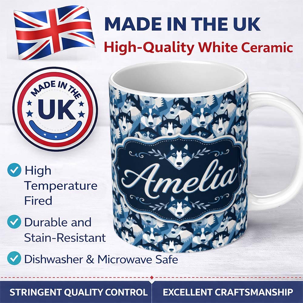 Personalized Custom Name Modern Geometric Husky Dog Heads Seamless Pattern Blue Tone 11oz Ceramic Coffee Tea Mug White Large Handle