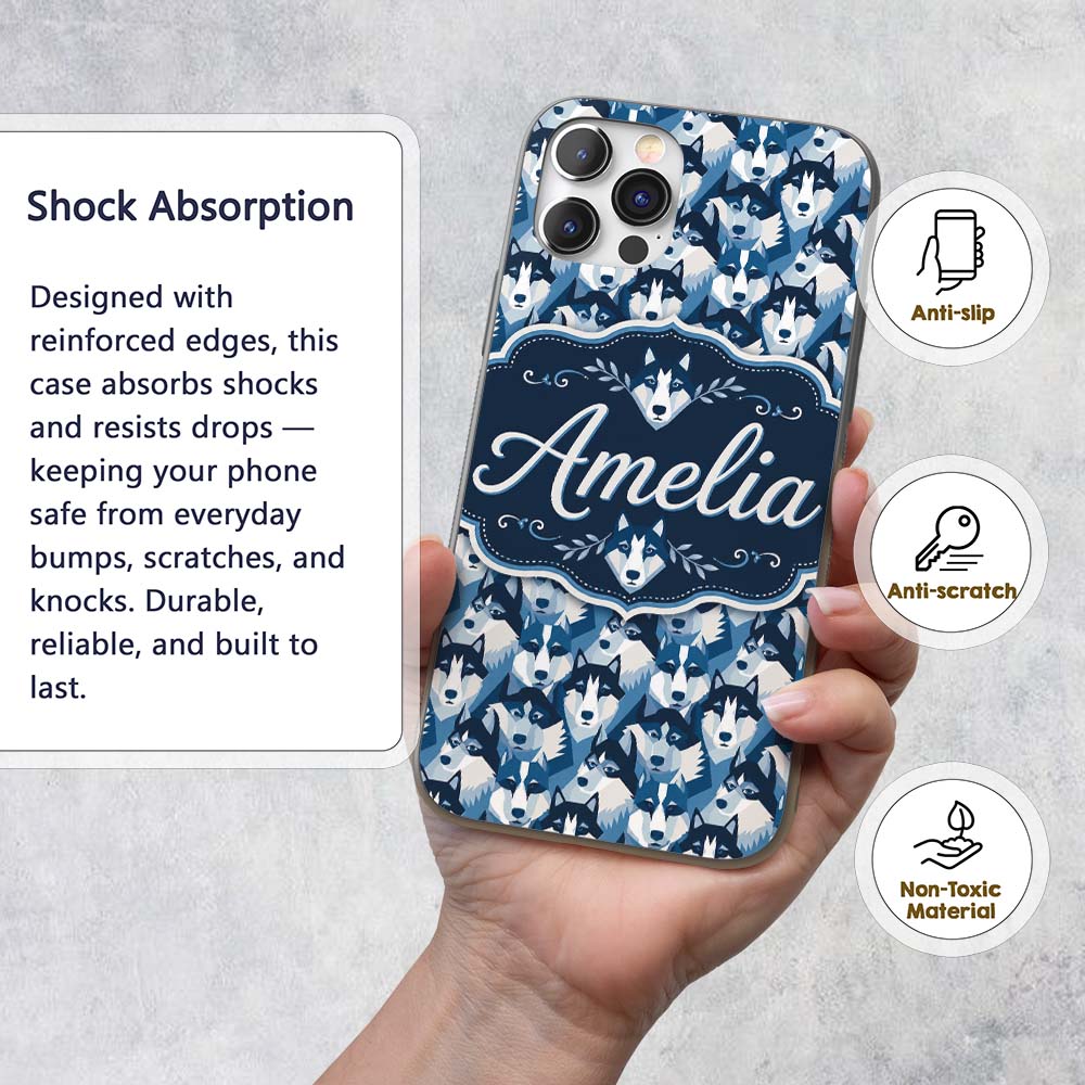 Modern Geometric Husky Dog Heads Seamless Pattern Custom Name Protective Phone Case Mobile Cover Durable Everyday Smartphone Shock Resistant