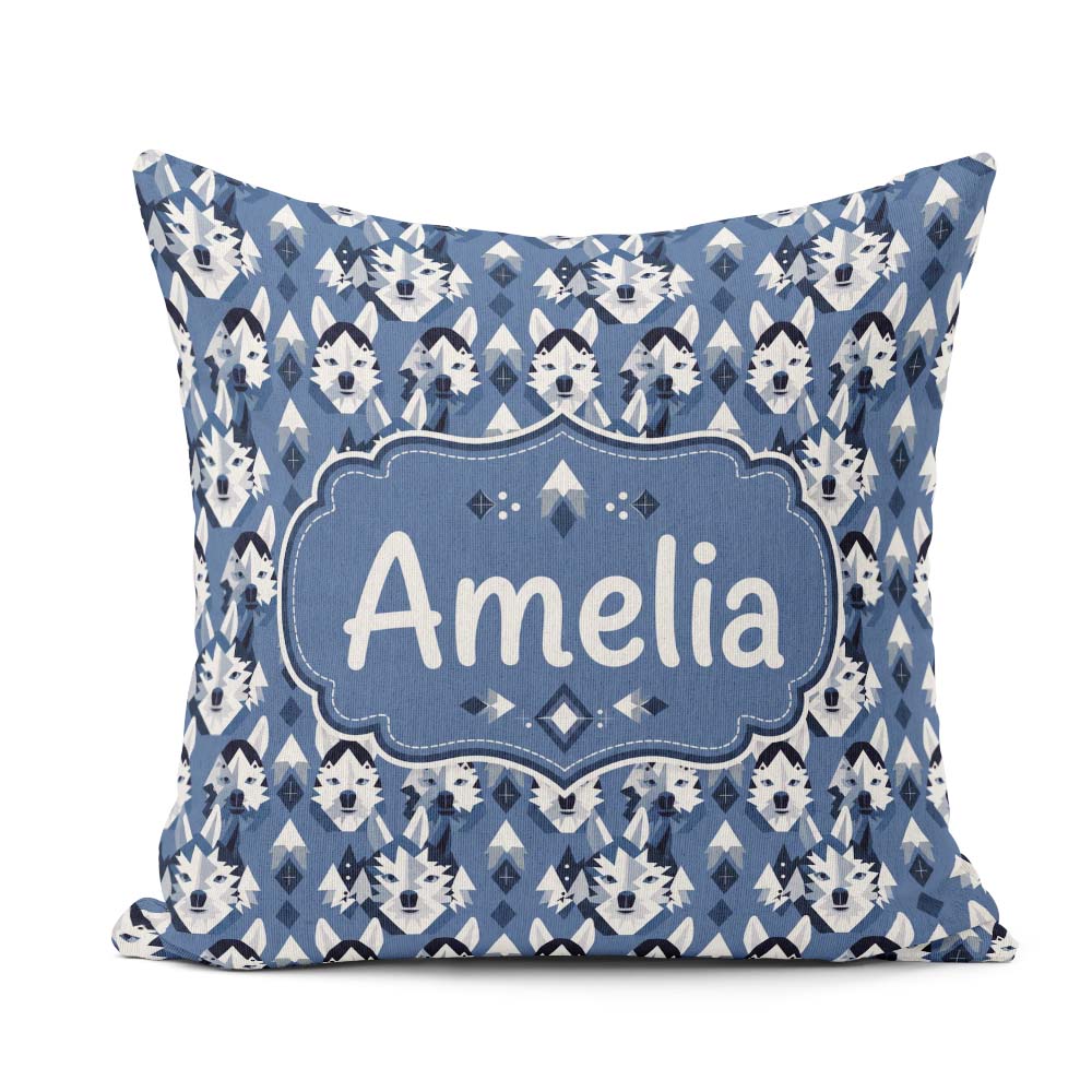Custom Name Nordic Husky Dog and Trees Pattern Winter Style Blue Square Filled Cushion Throw Pillow Sofa Bed Home Decor Zip Washable UK Made