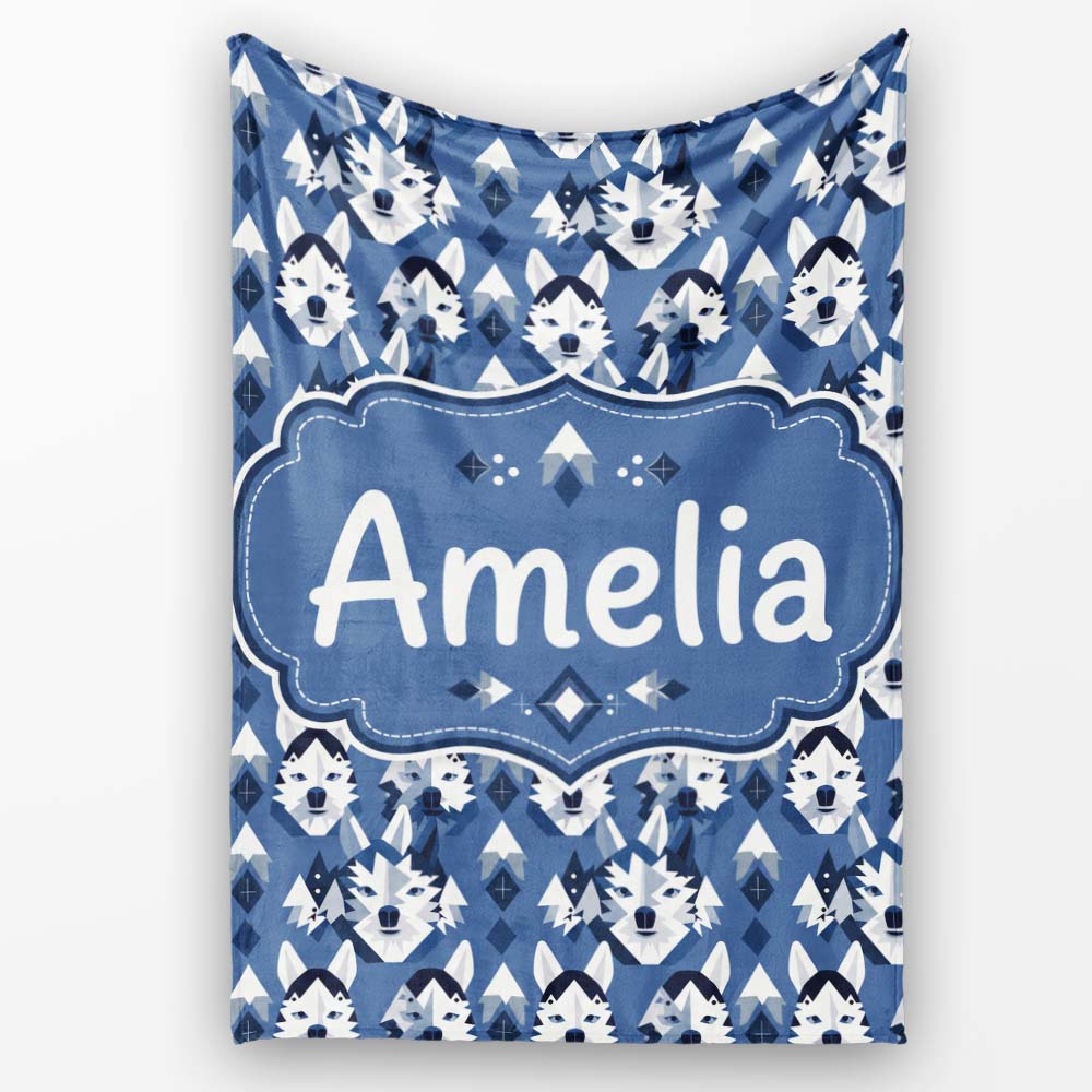 Nordic Husky Dog and Trees Seamless Pattern Winter Style Blue Personalised Custom Name Super Soft Fleece Blanket Bed Sofa Throw