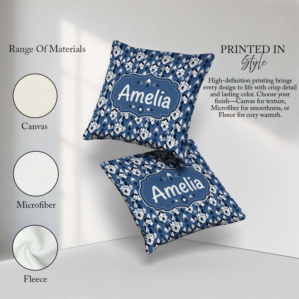 Custom Name Nordic Husky Dog and Trees Pattern Winter Style Blue Square Filled Cushion Throw Pillow Sofa Bed Home Decor Zip Washable UK Made