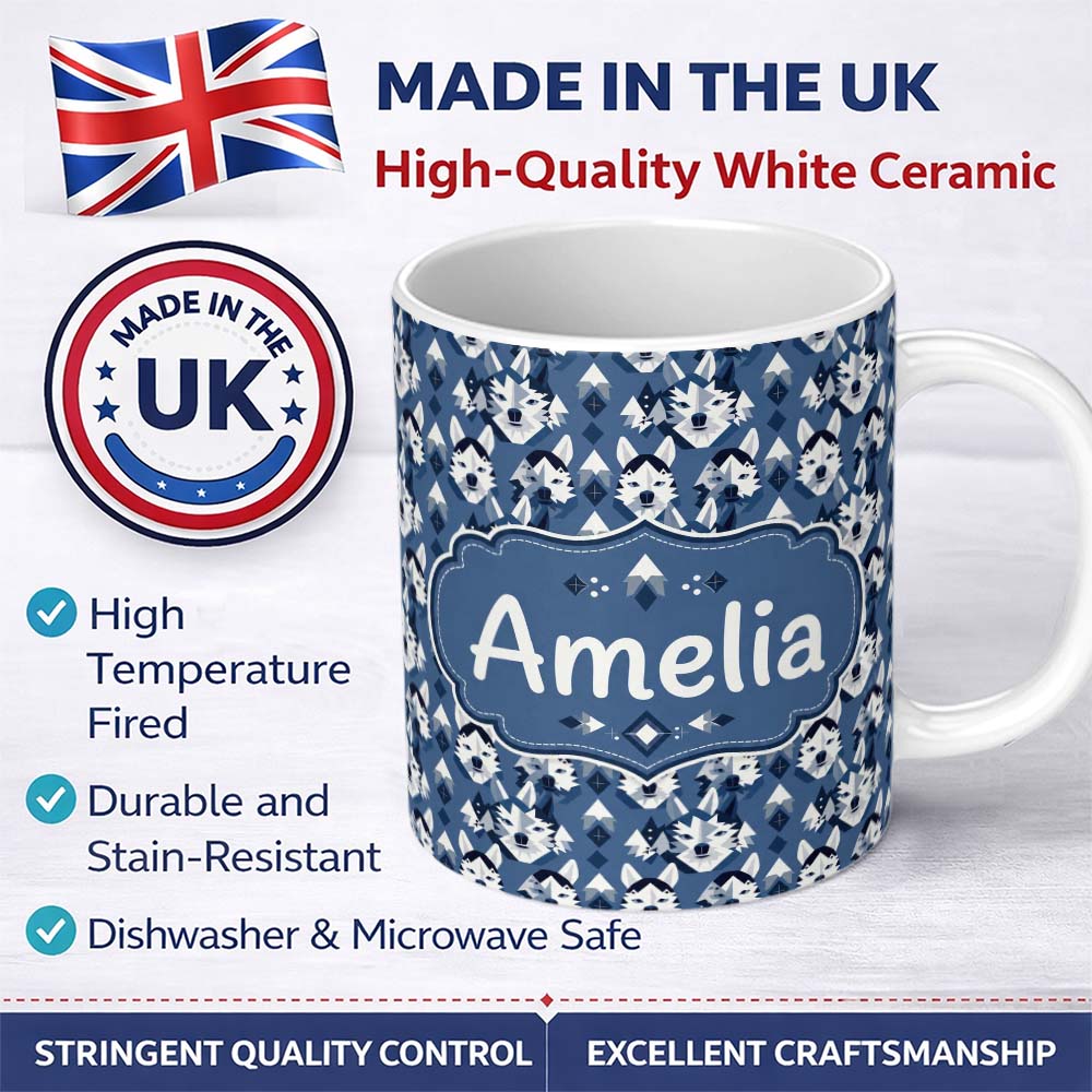 Personalized Custom Name Nordic Husky Dog and Trees Seamless Pattern Winter Style Blue 11oz Ceramic Coffee Tea Mug White Large Handle