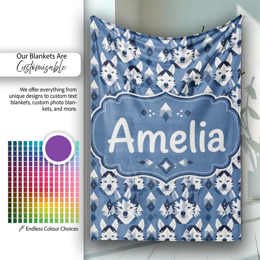 Nordic Husky Dog and Trees Seamless Pattern Winter Style Blue Personalised Custom Name Super Soft Fleece Blanket Bed Sofa Throw