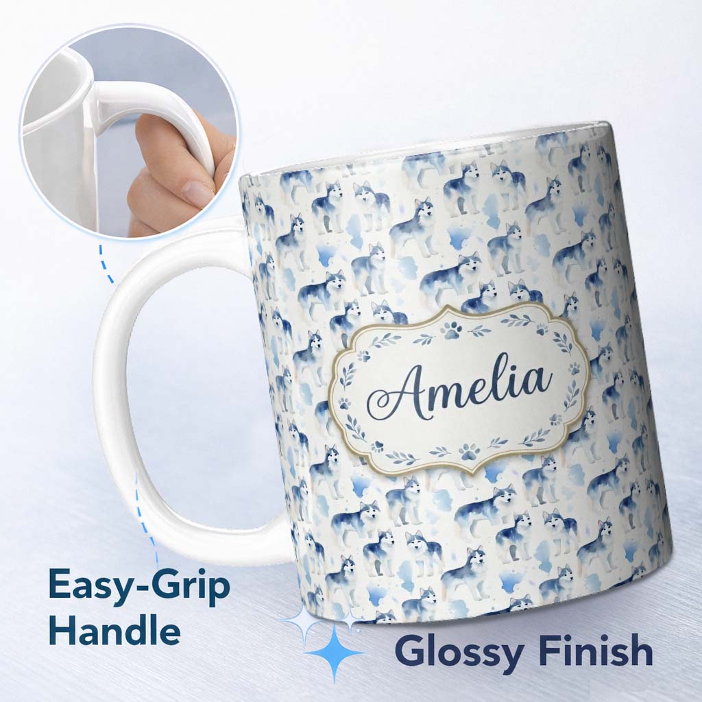 Personalized Custom Name Watercolor Full Body Husky Dogs Seamless Pattern Soft Artistic 11oz Ceramic Coffee Tea Mug White Large Handle