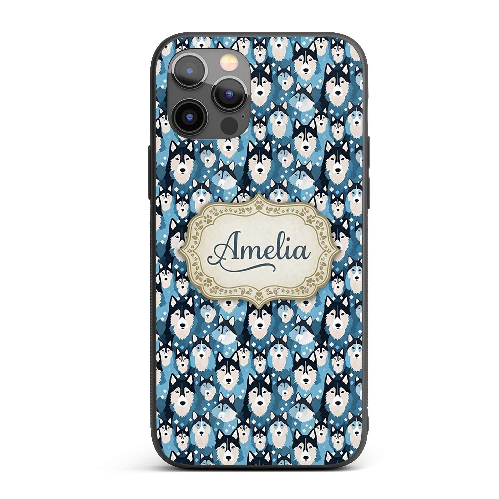 Cute Cartoon Husky Dog Faces Seamless Pattern Custom Name Protective Phone Case Mobile Cover Durable Everyday Smartphone Shock Resistant