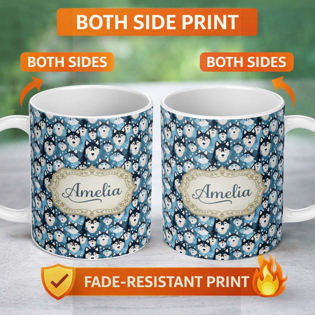 Personalized Custom Name Cute Cartoon Husky Dog Faces Seamless Pattern Blue Heart Background 11oz Ceramic Coffee Tea Mug White Large Handle