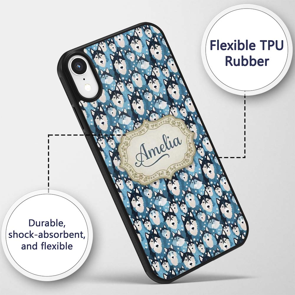 Cute Cartoon Husky Dog Faces Seamless Pattern Custom Name Protective Phone Case Mobile Cover Durable Everyday Smartphone Shock Resistant