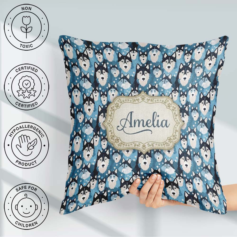 Custom Name Cartoon Husky Dog Faces Seamless Pattern Blue Heart Square Filled Cushion Throw Pillow Sofa Bed Home Decor Zip Washable UK Made