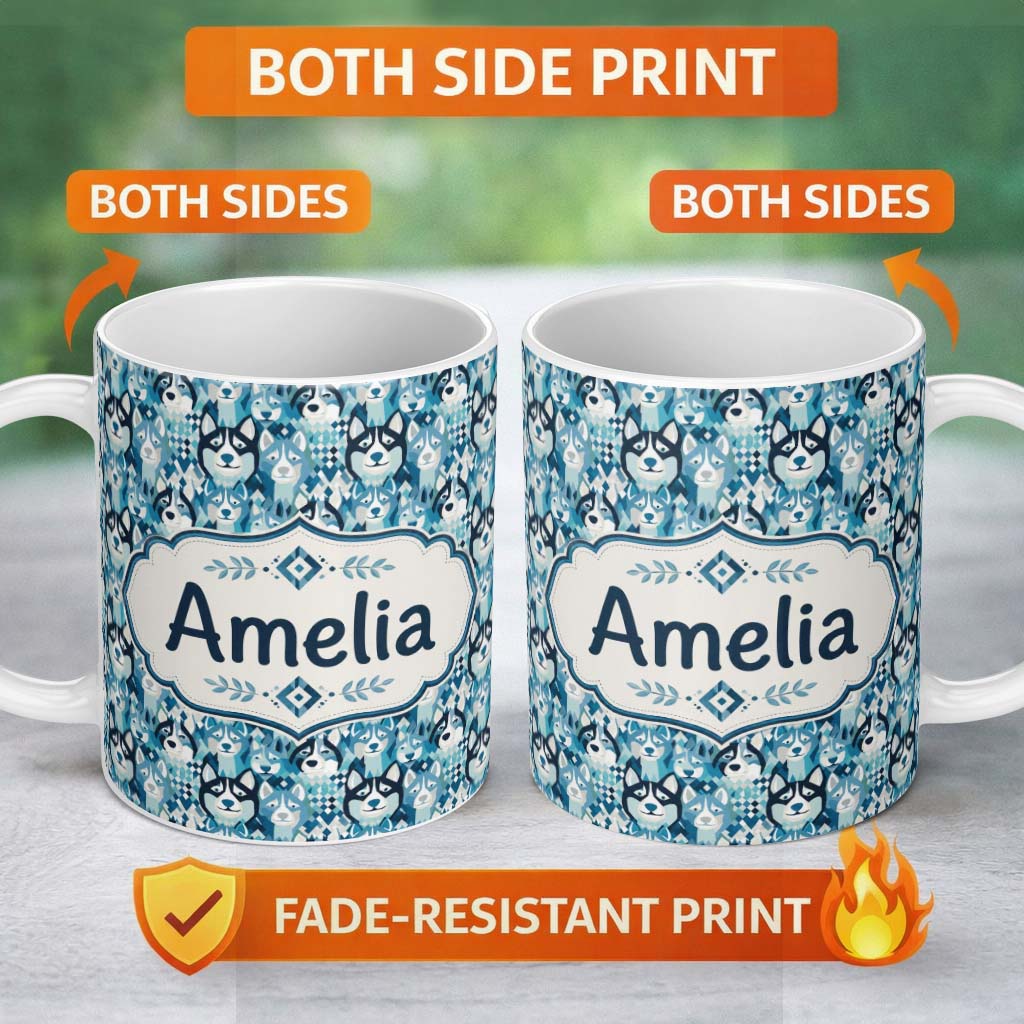 Personalized Custom Name Argyle Style Husky Dog Faces Seamless Pattern Blue Geometric 11oz Ceramic Coffee Tea Mug White Large Handle