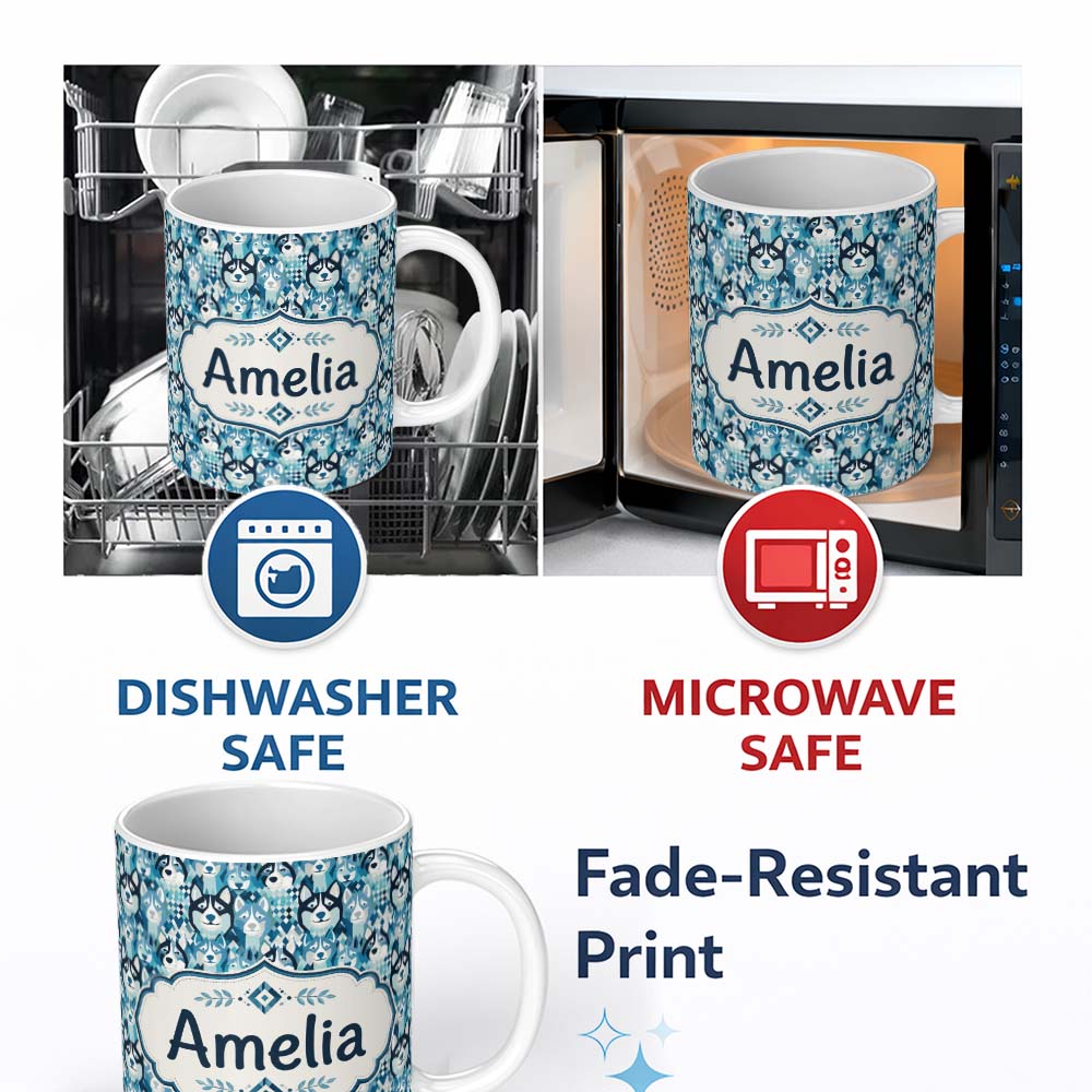 Personalized Custom Name Argyle Style Husky Dog Faces Seamless Pattern Blue Geometric 11oz Ceramic Coffee Tea Mug White Large Handle