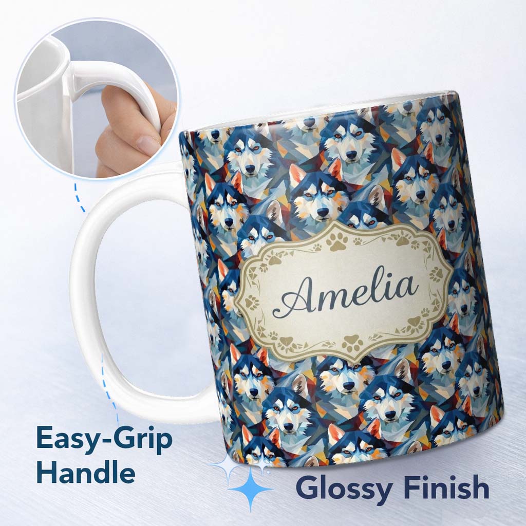 Personalized Custom Name Colorful Polygon Husky Portrait Seamless Pattern Vibrant Abstract 11oz Ceramic Coffee Tea Mug White Large Handle