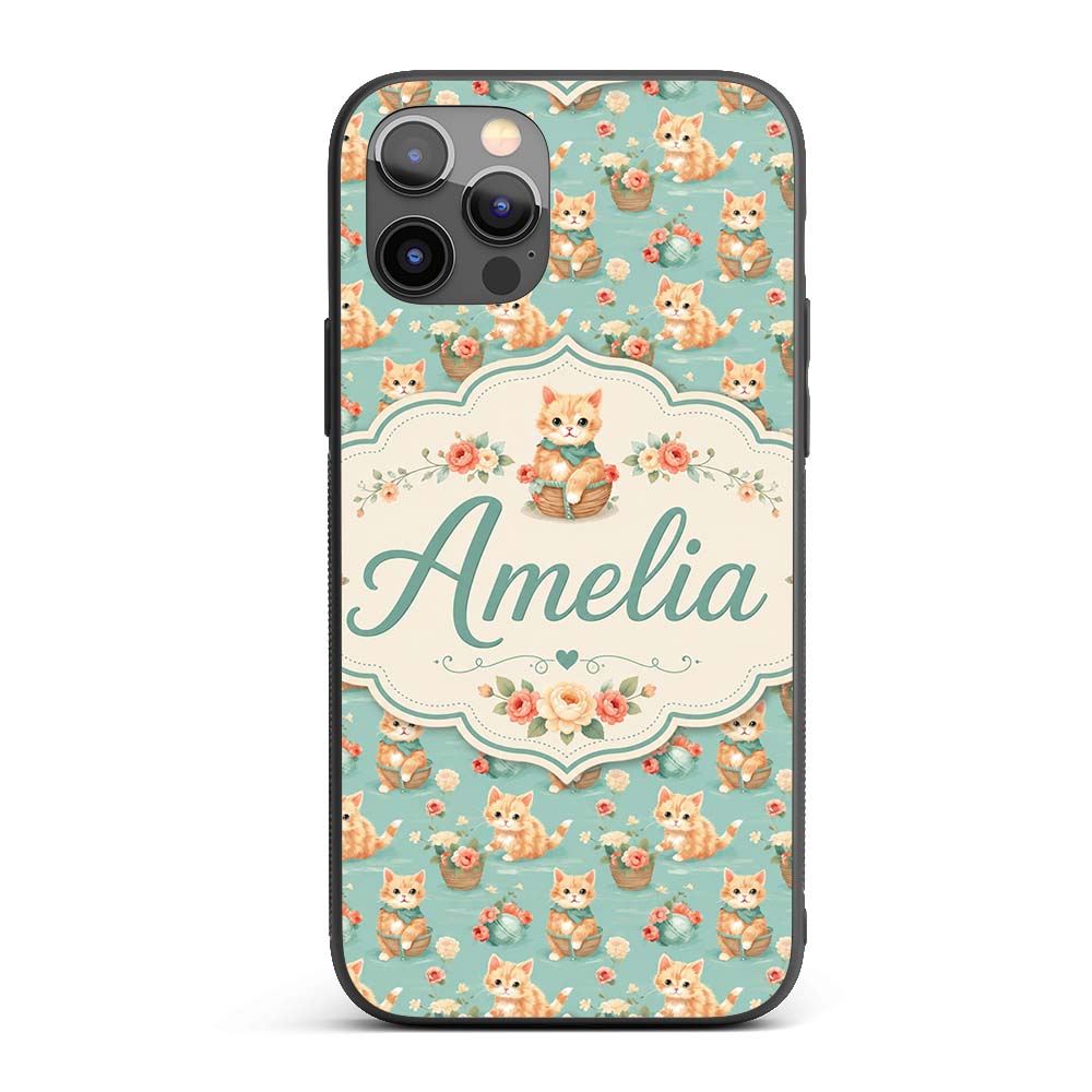 Cute Ginger Kitten with Flowers Basket Seamless Custom Name Protective Phone Case Mobile Cover Durable Everyday Smartphone Shock Resistant