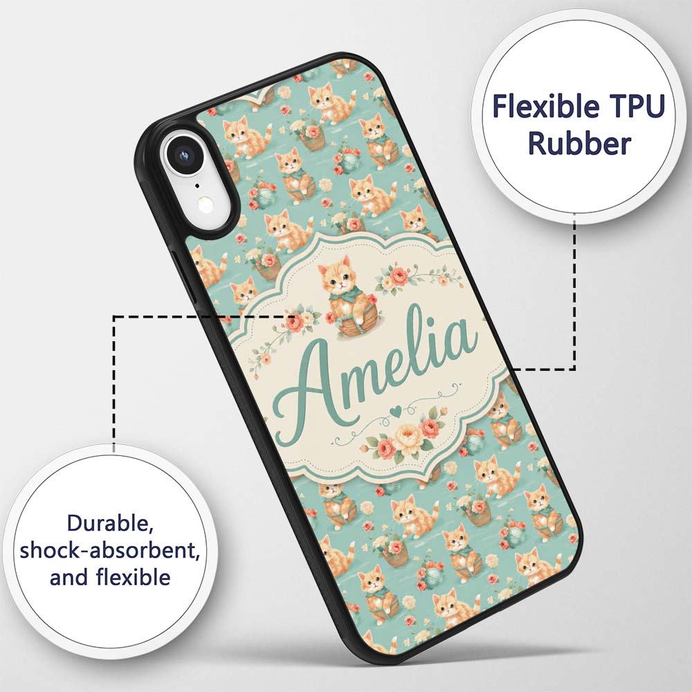 Cute Ginger Kitten with Flowers Basket Seamless Custom Name Protective Phone Case Mobile Cover Durable Everyday Smartphone Shock Resistant