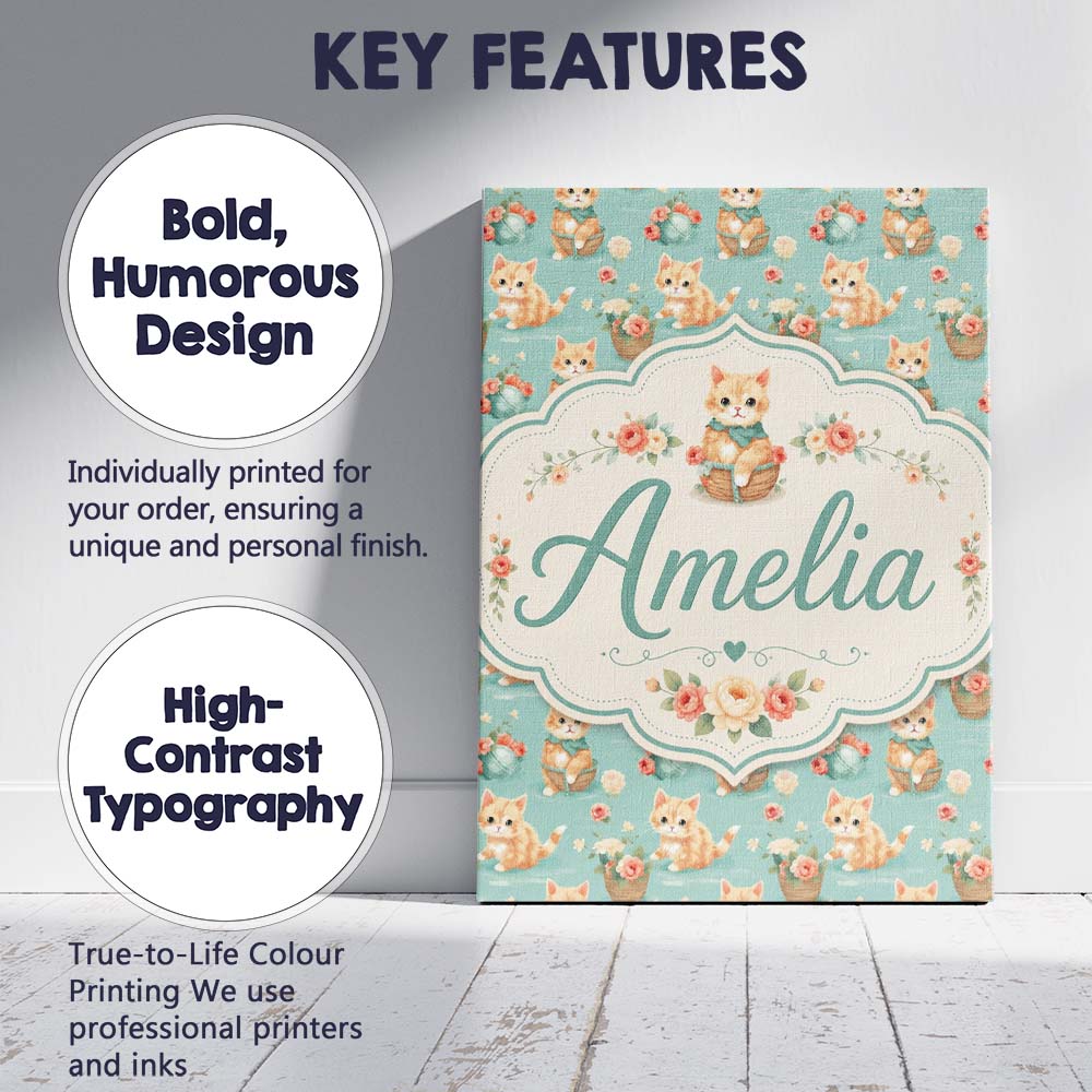 Personalised Name Cute Ginger Kitten with Custom Unique Gift Idea Elegant Feature Canvas Wall Art Print Decor Picture Ready to Hang