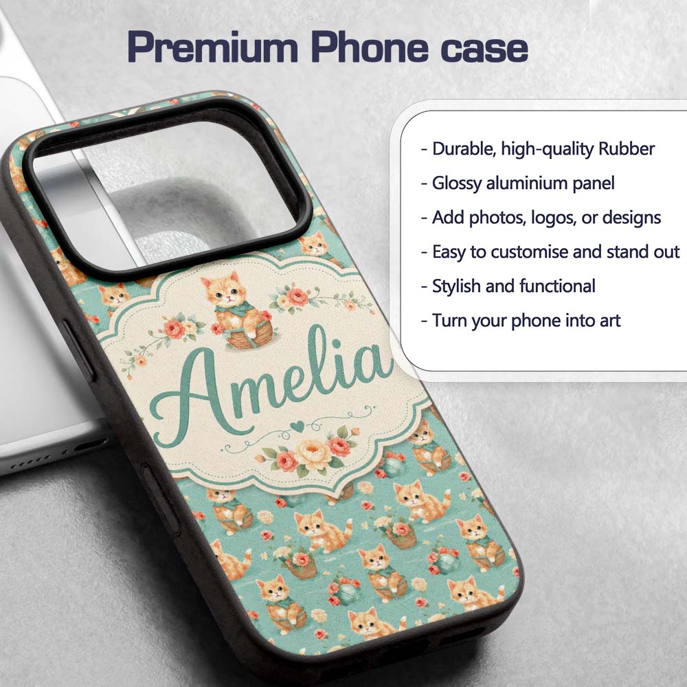 Cute Ginger Kitten with Flowers Basket Seamless Custom Name Protective Phone Case Mobile Cover Durable Everyday Smartphone Shock Resistant