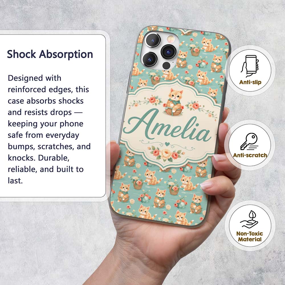 Cute Ginger Kitten with Flowers Basket Seamless Custom Name Protective Phone Case Mobile Cover Durable Everyday Smartphone Shock Resistant