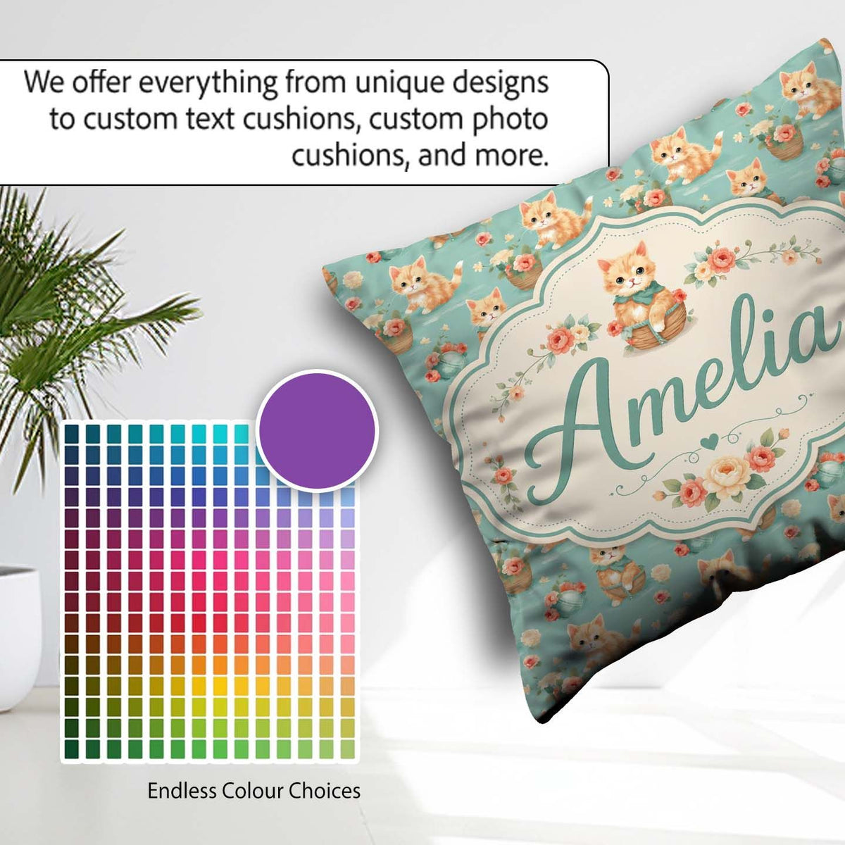 Custom Name Ginger Kitten with Flowers Basket Seamless Soft Teal Square Filled Cushion Throw Pillow Sofa Bed Home Decor Zip Washable UK Made