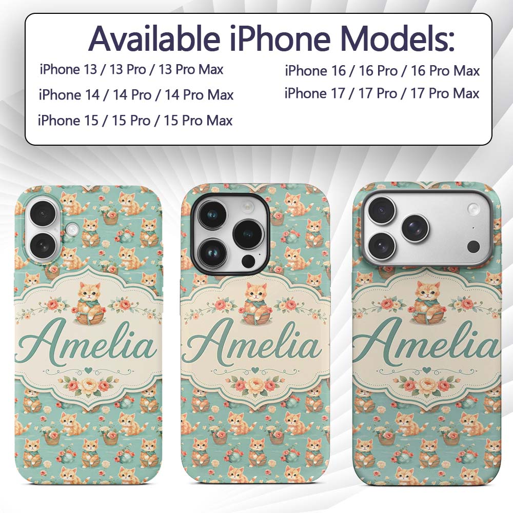 Cute Ginger Kitten with Flowers Basket Seamless Custom Name Protective Phone Case Mobile Cover Durable Everyday Smartphone Shock Resistant